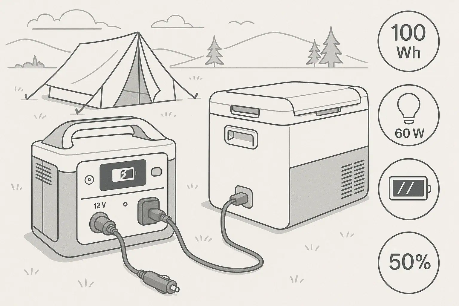 Portable power station connected to an electric cooler with 12V and AC runtime planning symbols