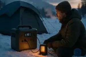 Portable power station operating in cold weather at a snowy campsite
