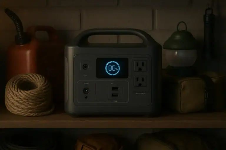 Portable power station in storage showing remaining battery charge