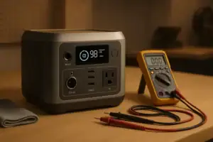 Portable power station on a workbench during routine maintenance check