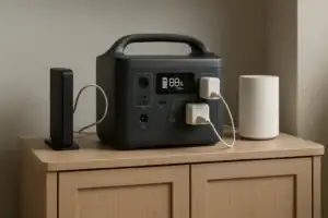 Portable power station keeping a modem and Wi-Fi mesh system online during a power outage