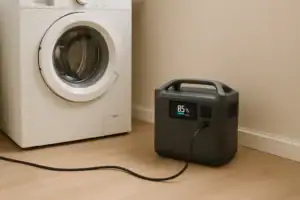 Portable power station connected to a washing machine for backup laundry power