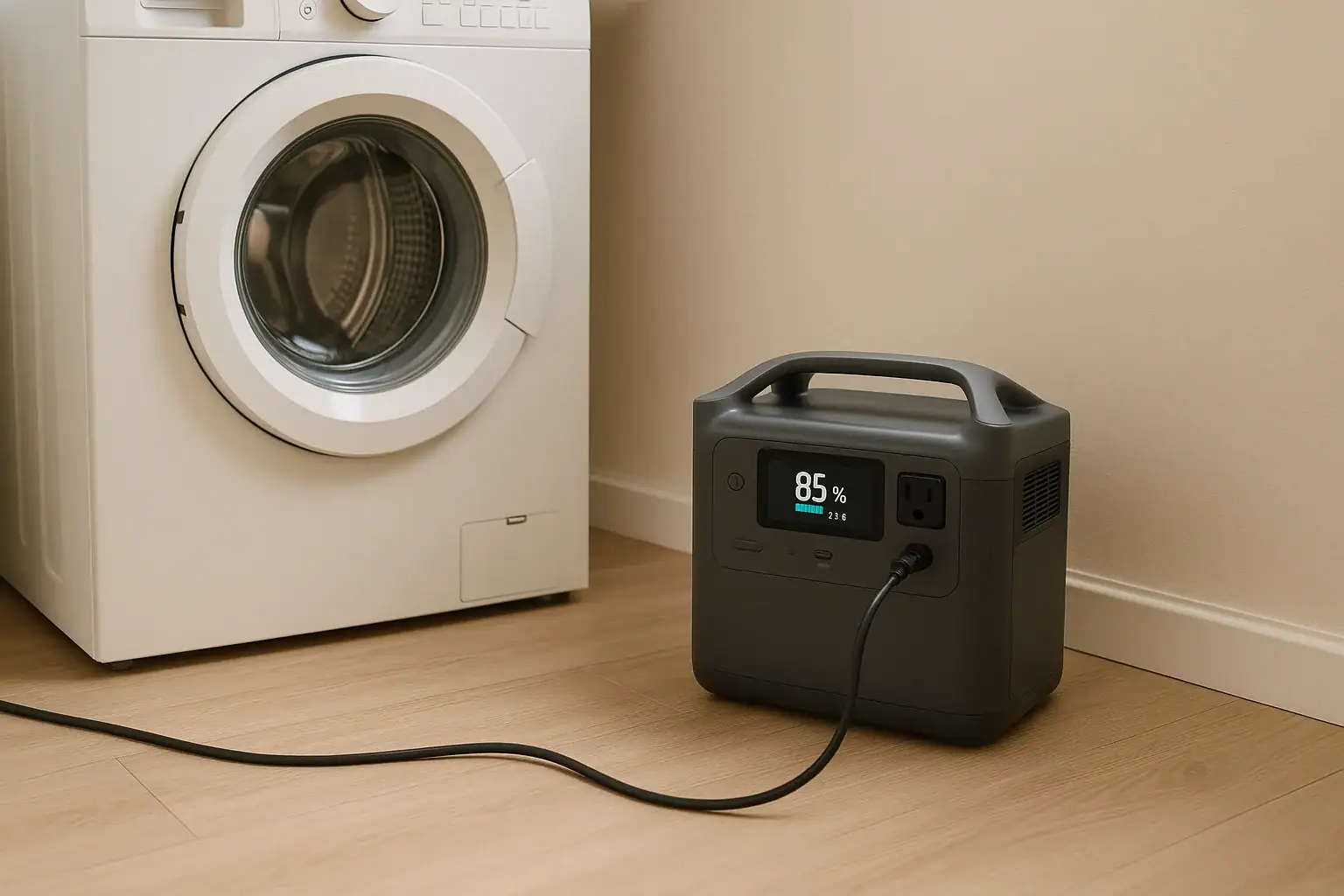 Portable power station connected to a washing machine for backup laundry power