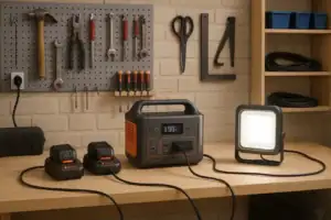 Portable power station safely set up in a garage workshop with tool chargers and work lights