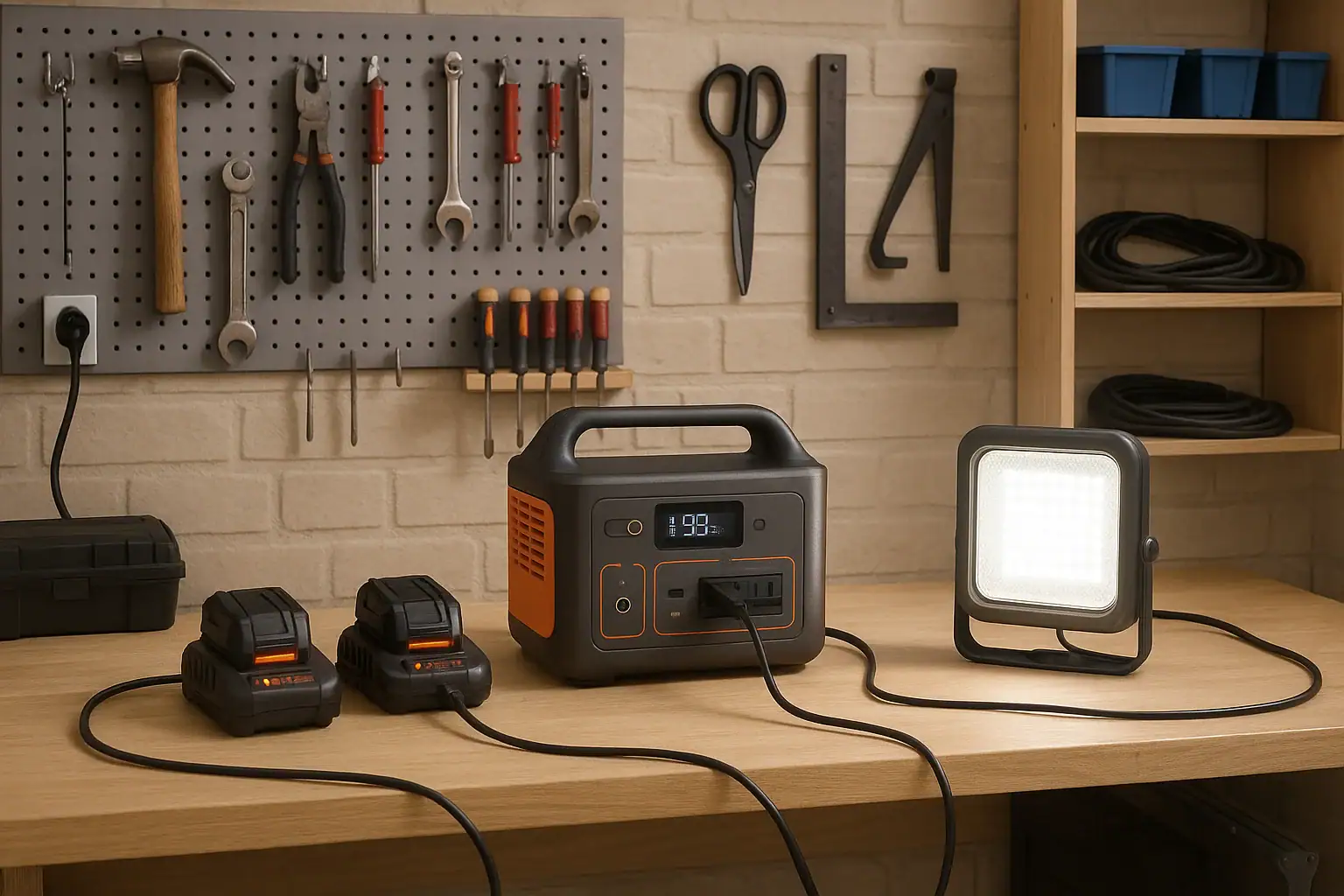 Portable power station safely set up in a garage workshop with tool chargers and work lights