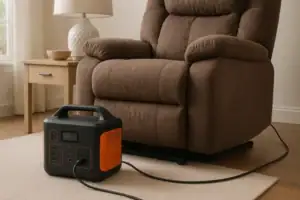 Portable power station next to an electric recliner lift chair in a living room
