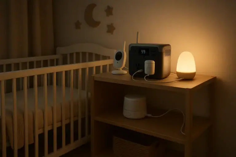 Portable power station supporting a baby monitor, sound machine, and nursery night light