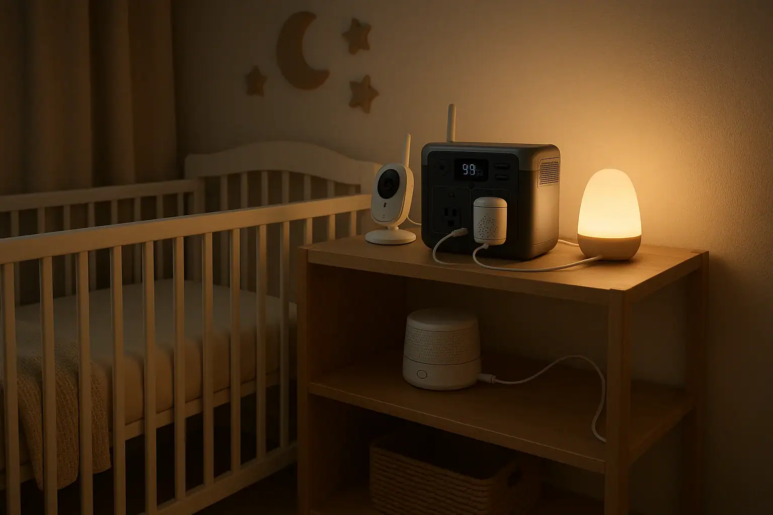 Portable power station supporting a baby monitor, sound machine, and nursery night light