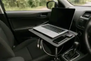 Mobile office power kit in a car with laptop, phone, hotspot, cables, and portable power station
