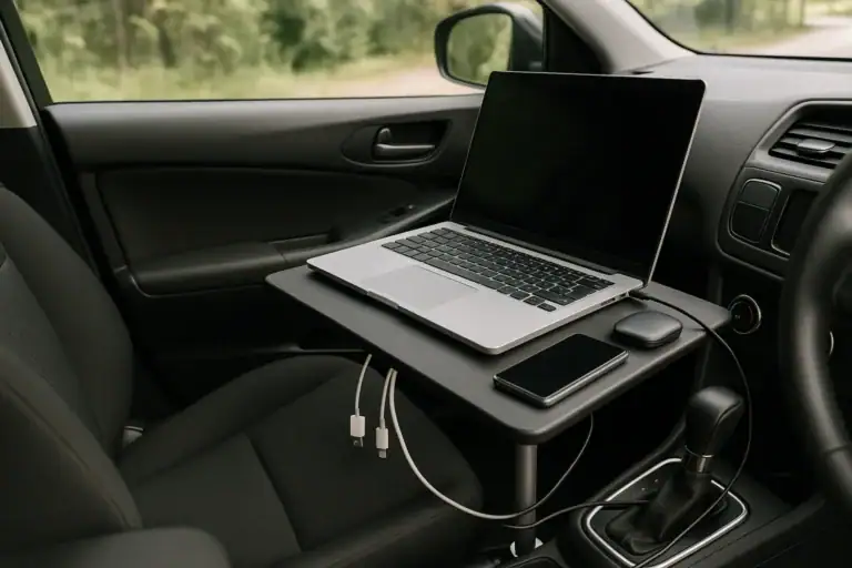 Mobile office power kit in a car with laptop, phone, hotspot, cables, and portable power station