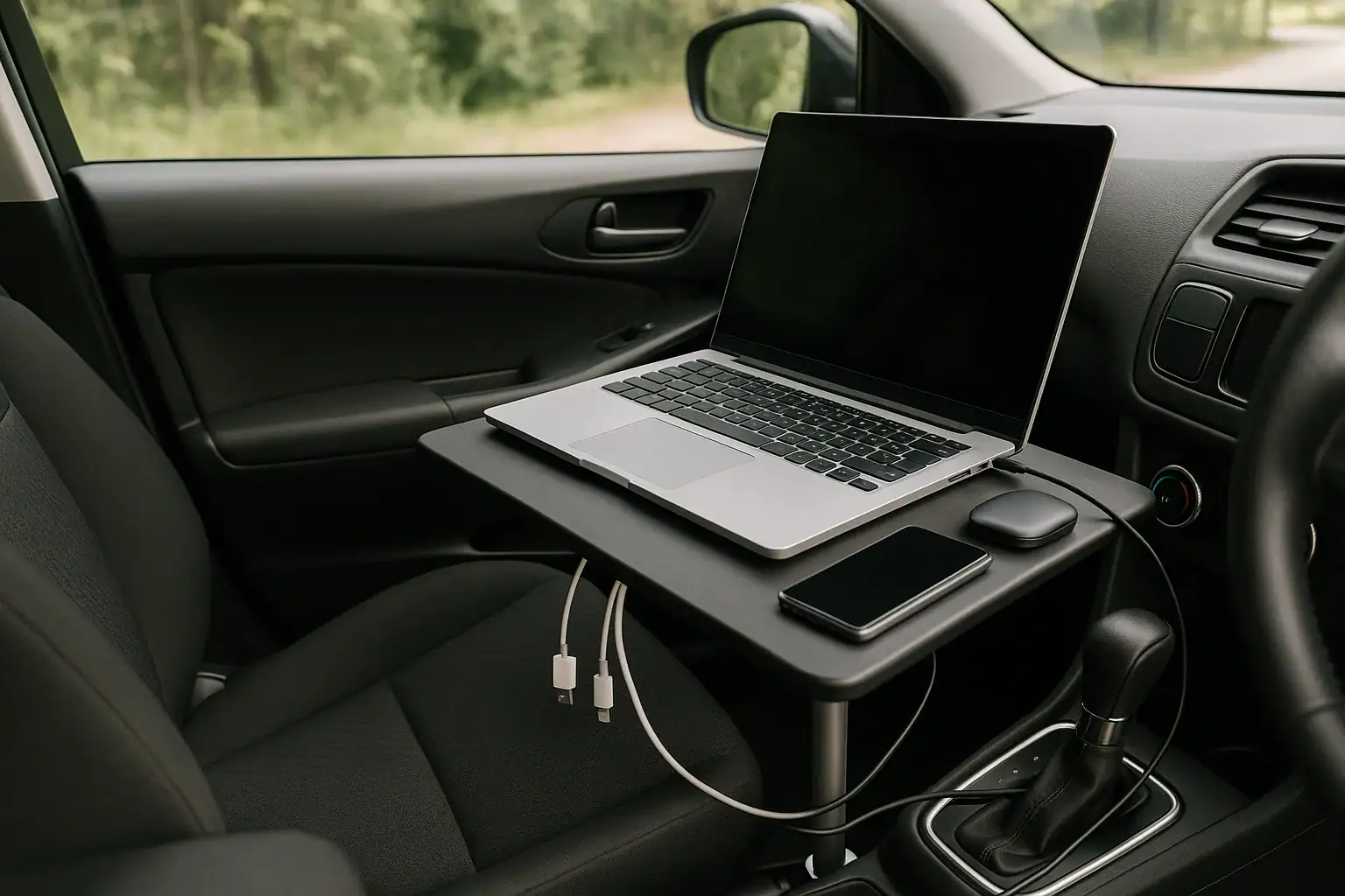 Mobile office power kit in a car with laptop, phone, hotspot, cables, and portable power station