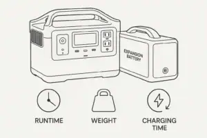 Portable power station connected to an expansion battery showing runtime, weight, and charging time changes
