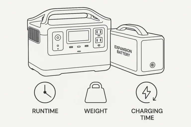 Portable power station connected to an expansion battery showing runtime, weight, and charging time changes