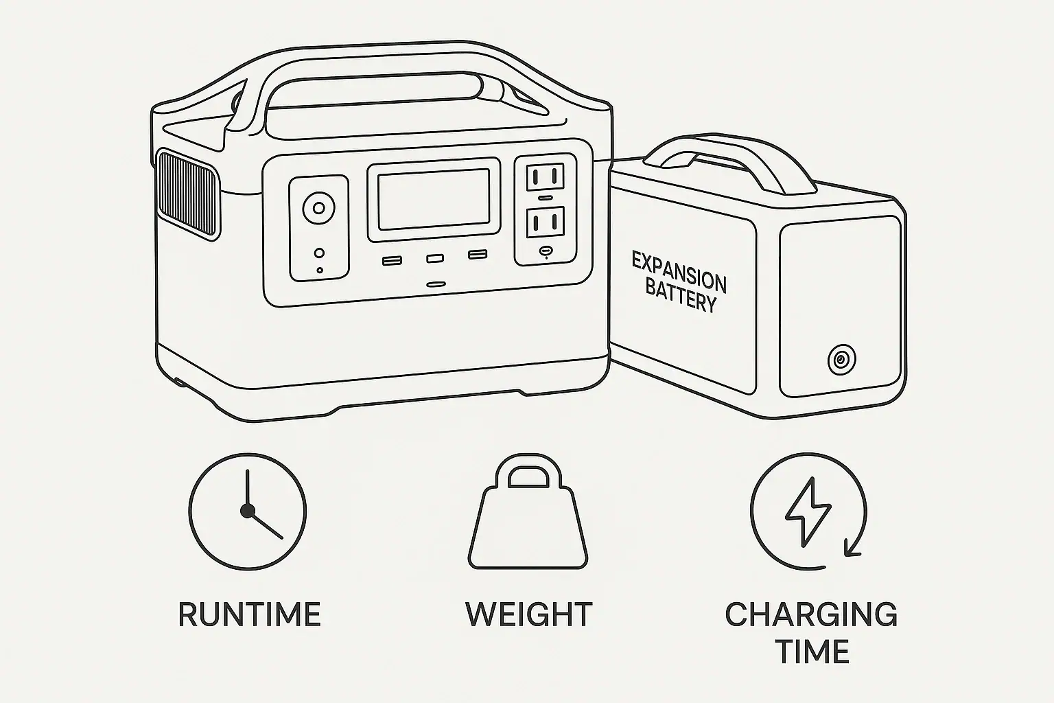 Portable power station connected to an expansion battery showing runtime, weight, and charging time changes