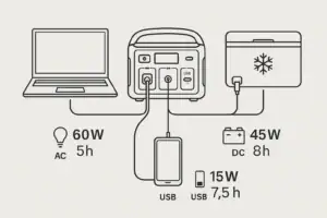 Portable power station running AC, DC, and USB devices at the same time for mixed load runtime planning