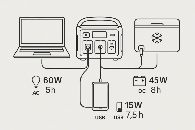 Portable power station running AC, DC, and USB devices at the same time for mixed load runtime planning