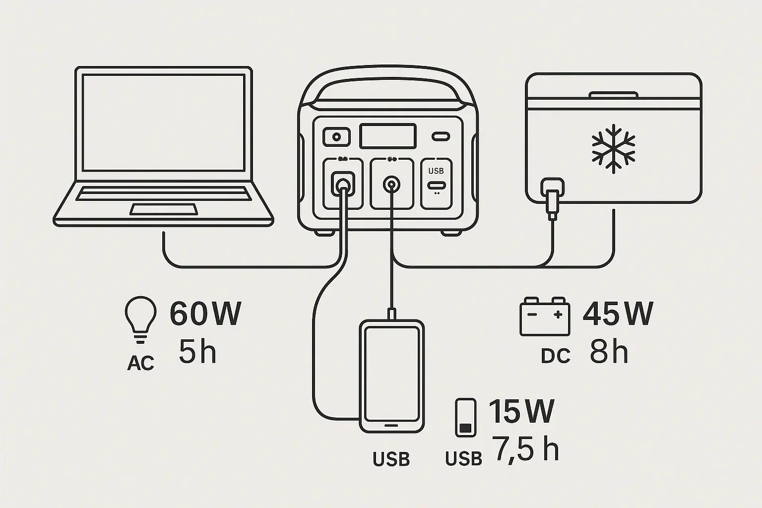 Portable power station running AC, DC, and USB devices at the same time for mixed load runtime planning
