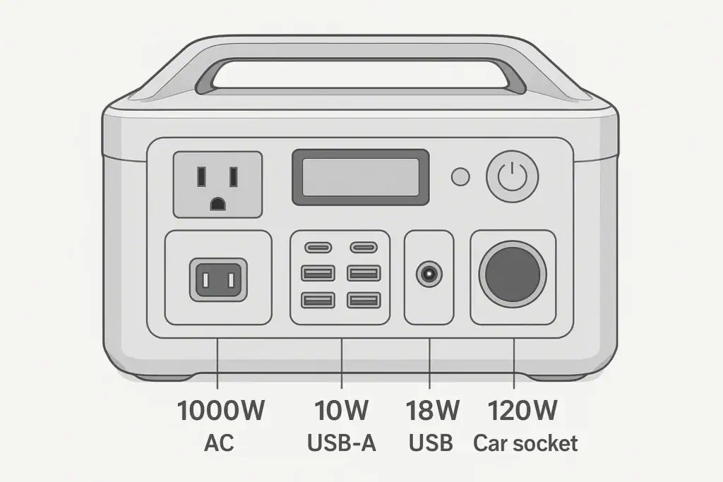 Portable power station with separate output ports labeled by watt limits