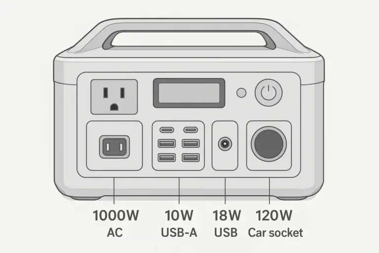 Portable power station with separate output ports labeled by watt limits
