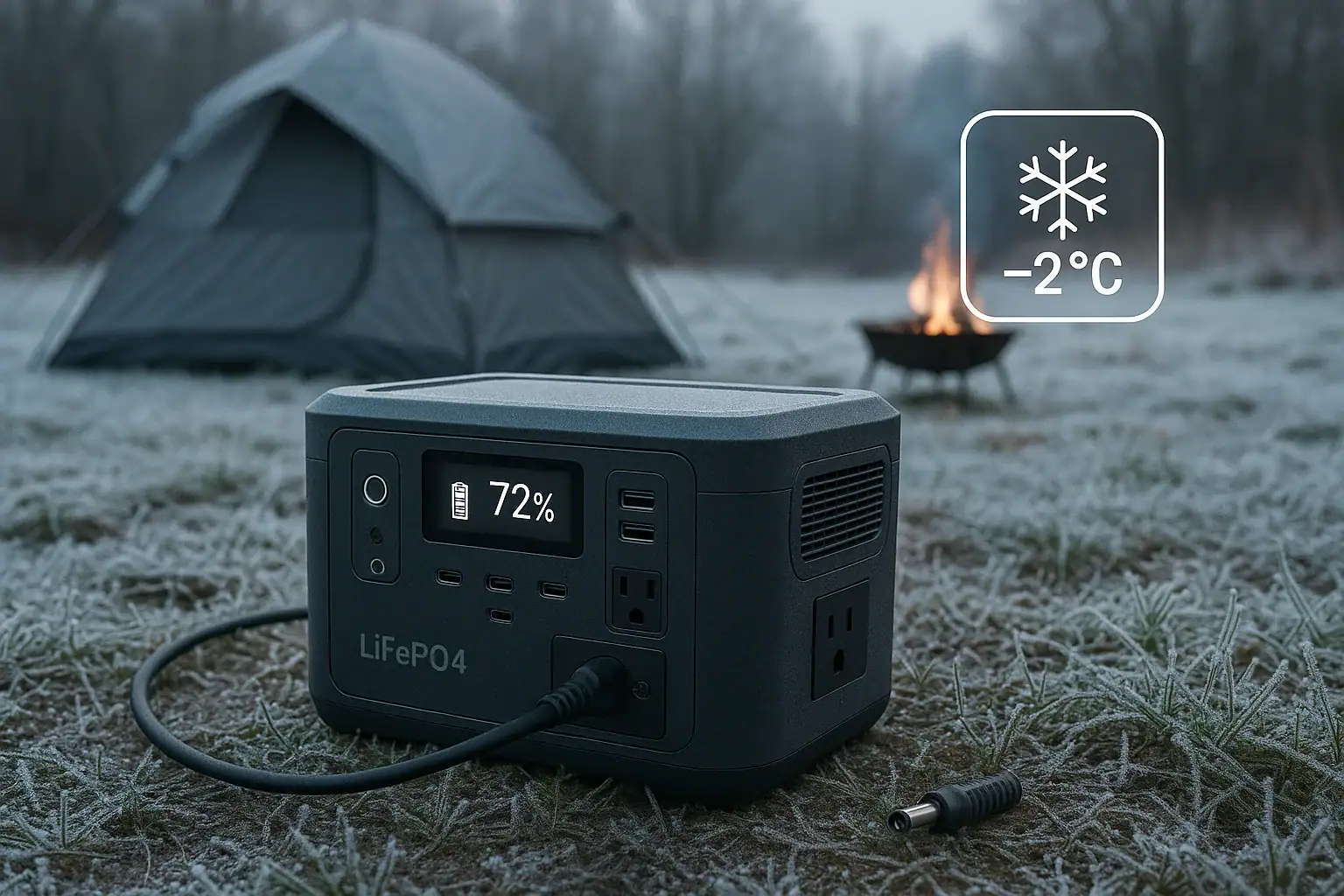 LiFePO4 power station in cold weather showing low-temperature charging protection