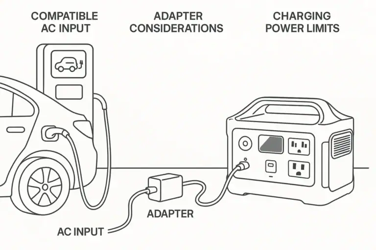 Portable power station next to an EV charger showing compatible charging considerations