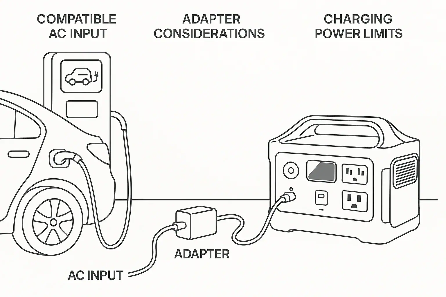 Portable power station next to an EV charger showing compatible charging considerations