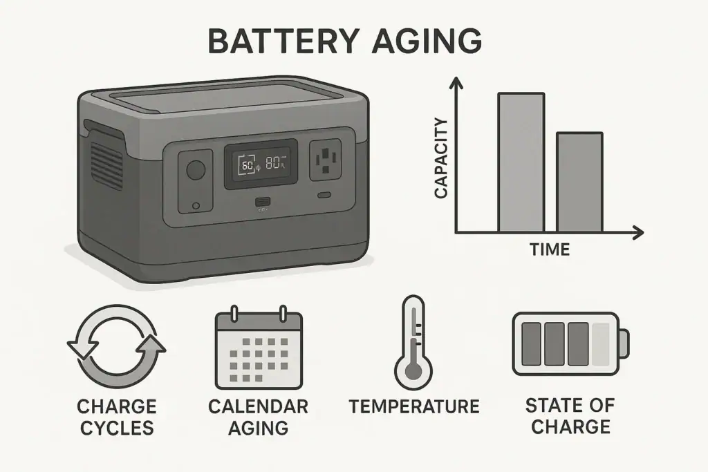 Portable power station battery lifespan comparison showing charge cycles and calendar aging