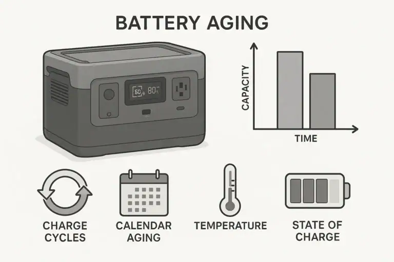 Portable power station battery lifespan comparison showing charge cycles and calendar aging