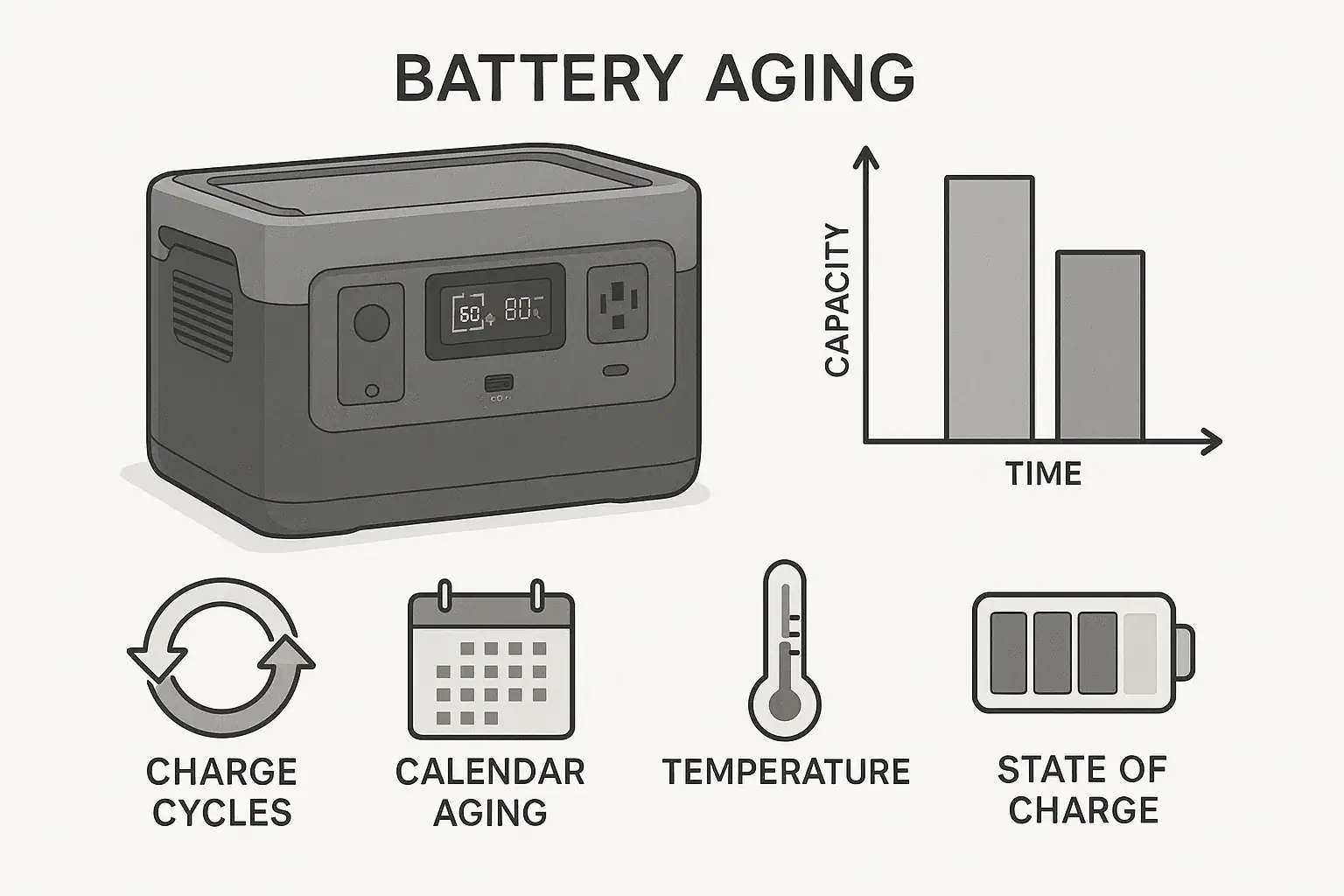 Portable power station battery lifespan comparison showing charge cycles and calendar aging