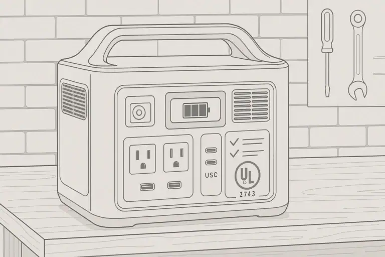 Portable power station with safety certification checklist and charging ports