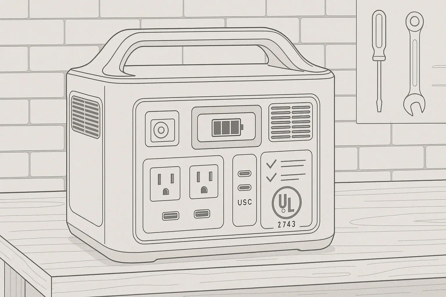 Portable power station with safety certification checklist and charging ports