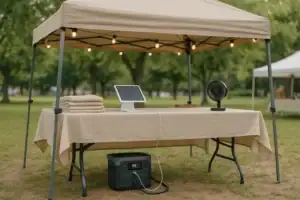 Portable power station powering a quiet festival vendor booth with lights and small electronics