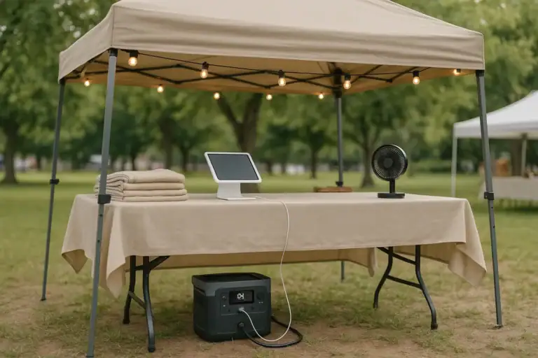 Portable power station powering a quiet festival vendor booth with lights and small electronics