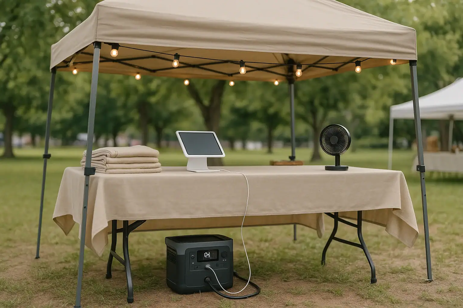 Portable power station powering a quiet festival vendor booth with lights and small electronics