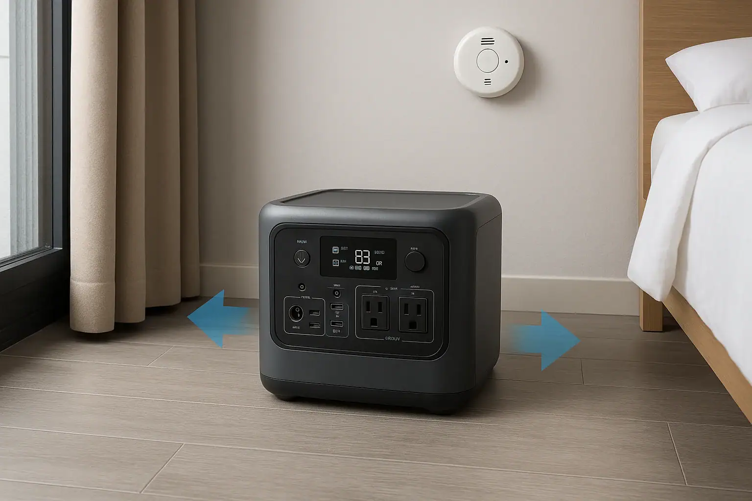 Portable power station placed safely on a hard apartment floor with ventilation space
