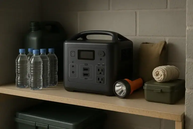 Portable power station stored on a clean indoor shelf away from heat, moisture, and clutter