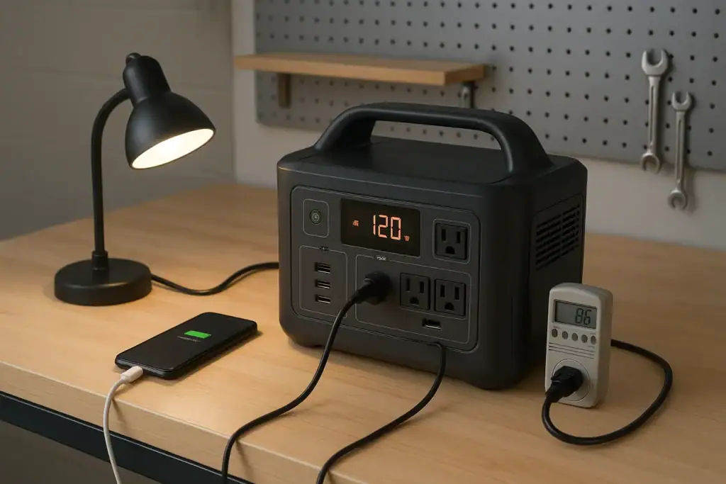 Backup power station being tested with small household loads on a workbench