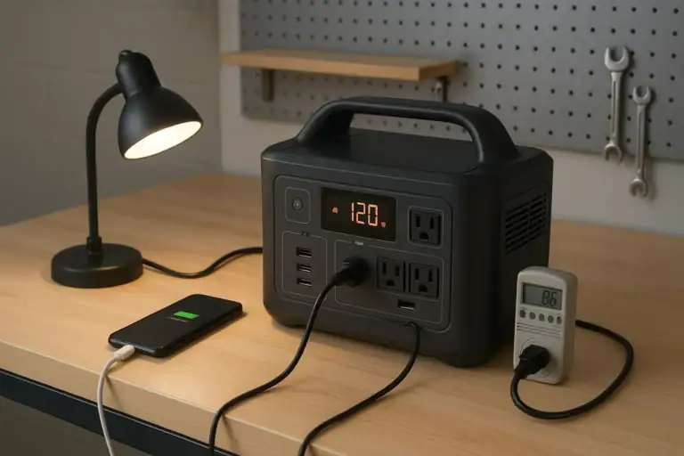 Backup power station being tested with small household loads on a workbench