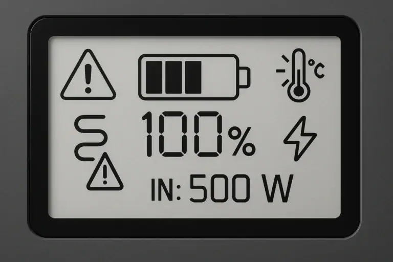 Portable power station display with generic warning icons and error indicators