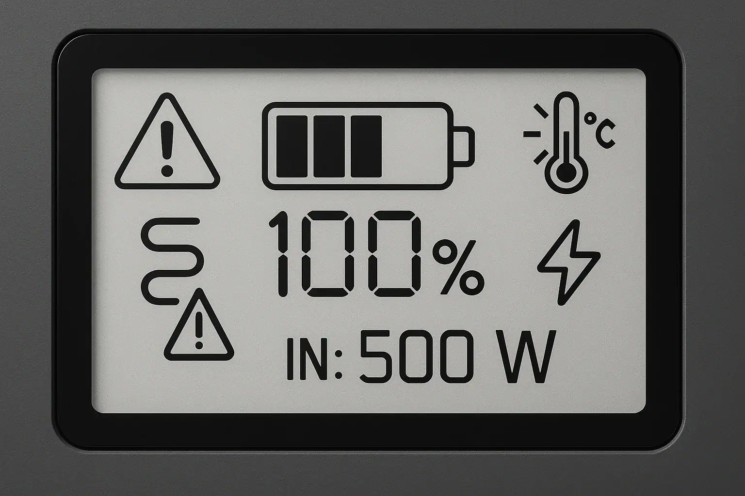 Portable power station display with generic warning icons and error indicators