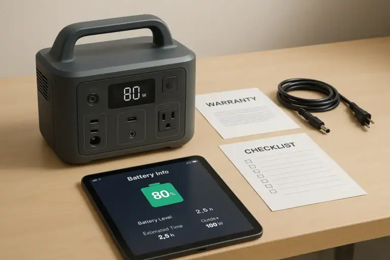 Portable power station with warranty checklist and battery specification notes