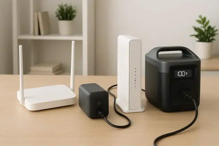 Router and modem shown with a battery backup and a portable power station for internet power comparison
