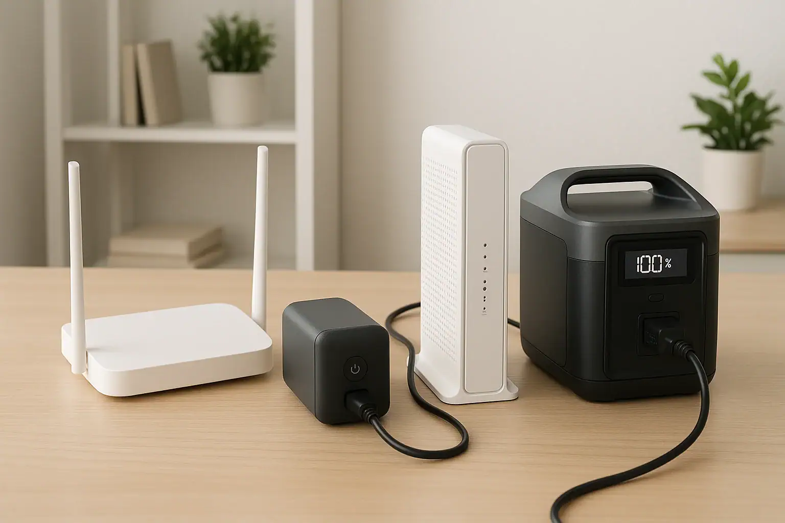 Router and modem shown with a battery backup and a portable power station for internet power comparison