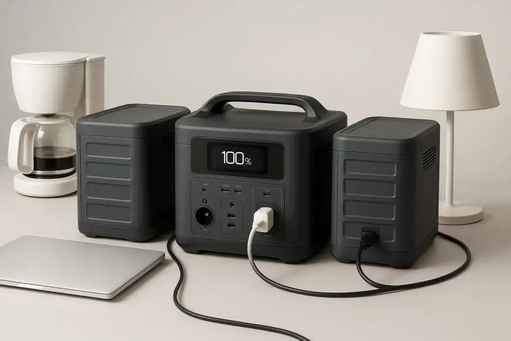 Expandable portable power station connected to extra battery modules for longer runtime