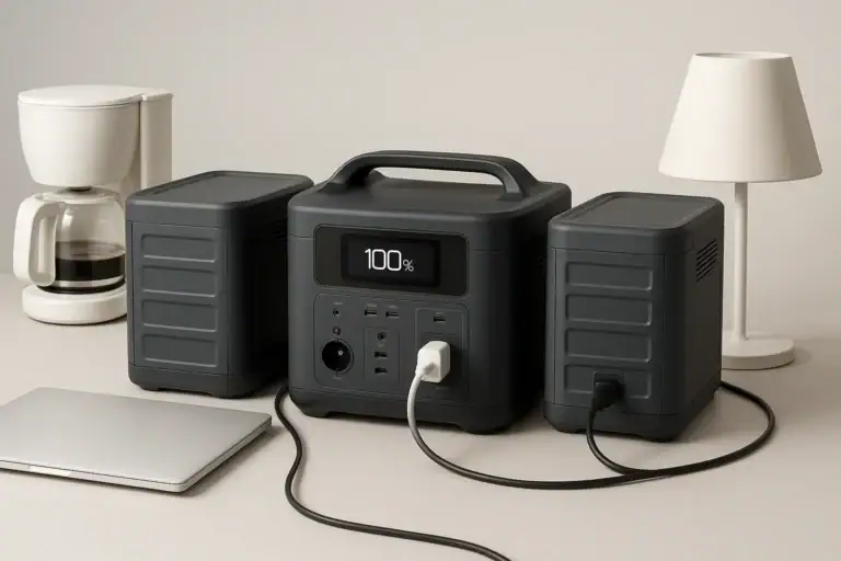 Expandable portable power station connected to extra battery modules for longer runtime