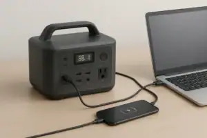 Portable power station using bidirectional USB-C charging with a laptop and phone