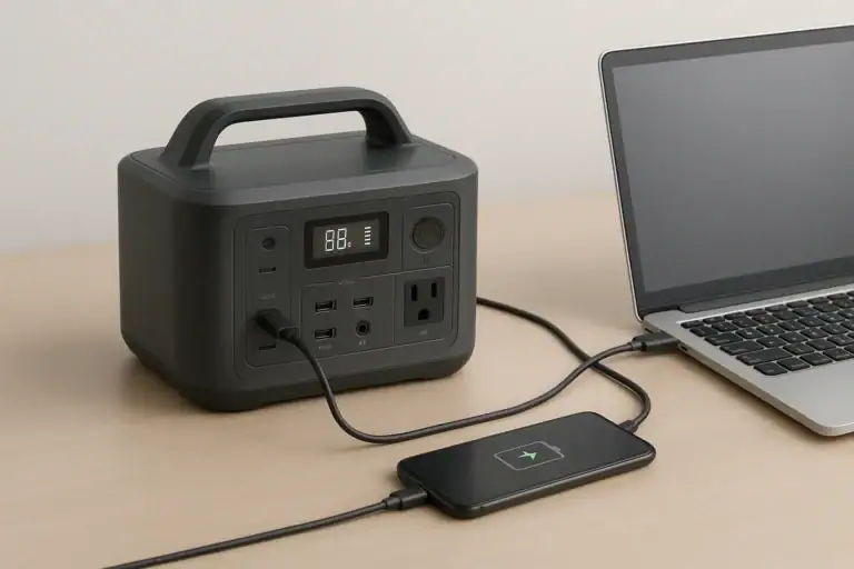 Portable power station using bidirectional USB-C charging with a laptop and phone