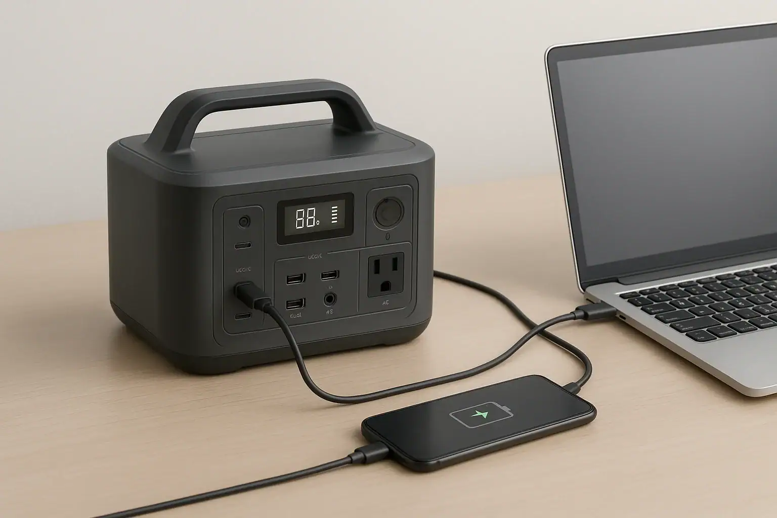 Portable power station using bidirectional USB-C charging with a laptop and phone
