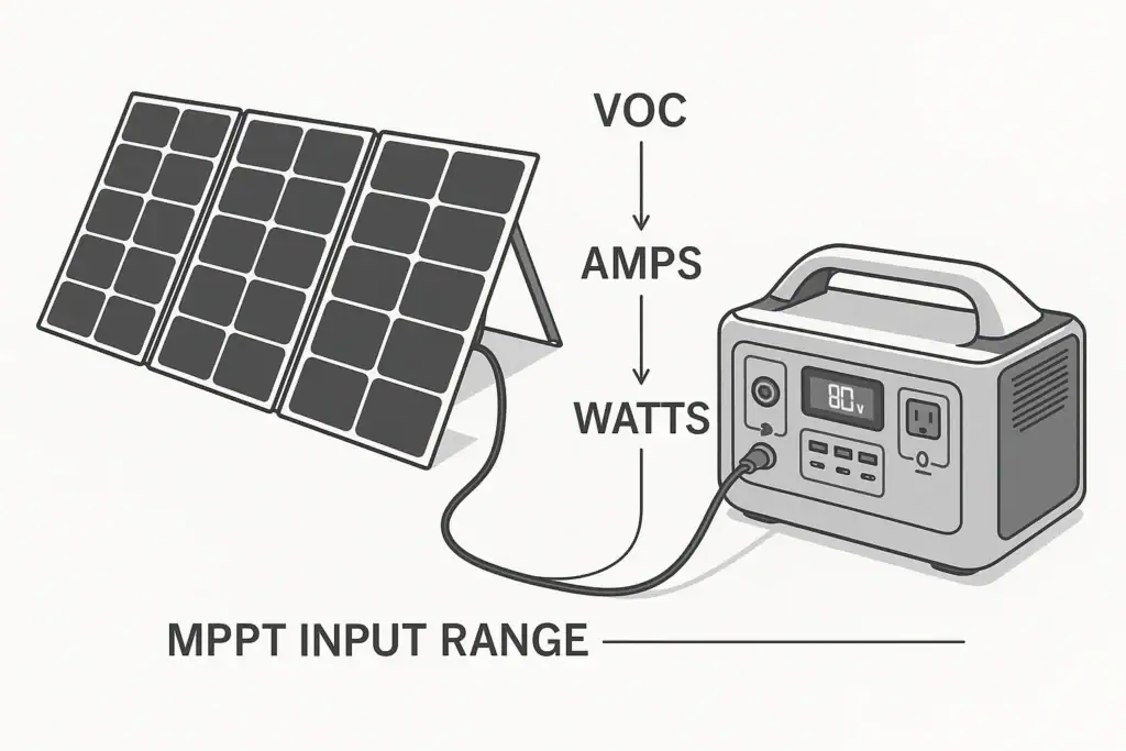 Portable power station solar input diagram showing voltage and amp limits