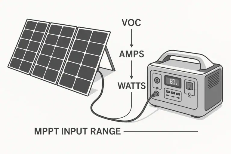 Portable power station solar input diagram showing voltage and amp limits